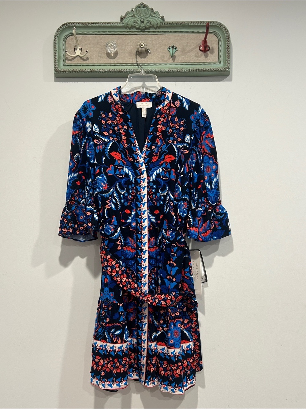 Adrianna Papell Navy Blue Floral flounce luxe red white blue Mini Dress 6 women